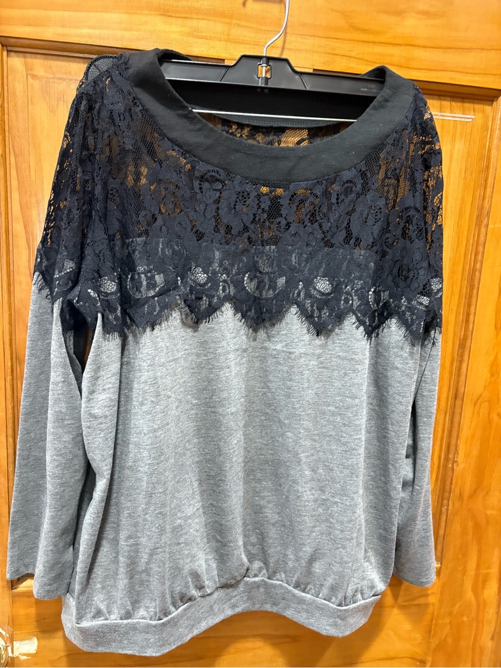 Gray Knit Long-Sleeve Top with Black Lace Yoke